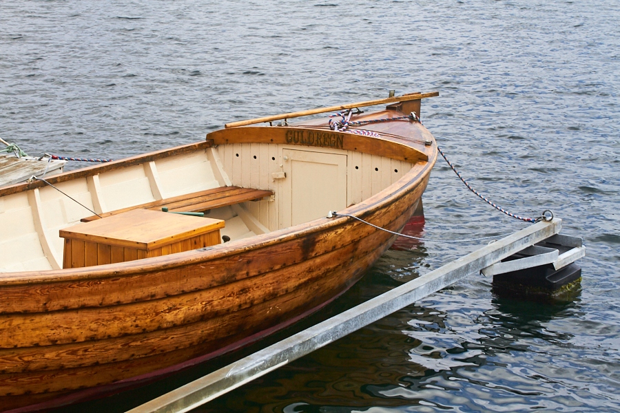 017 Traditional wooden boat in Grimstad harbor, Sørlandet, Norway